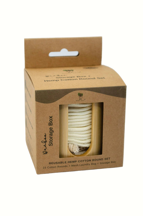 Kraft paper packaging with a reusable hemp cotton round set inside on a white background