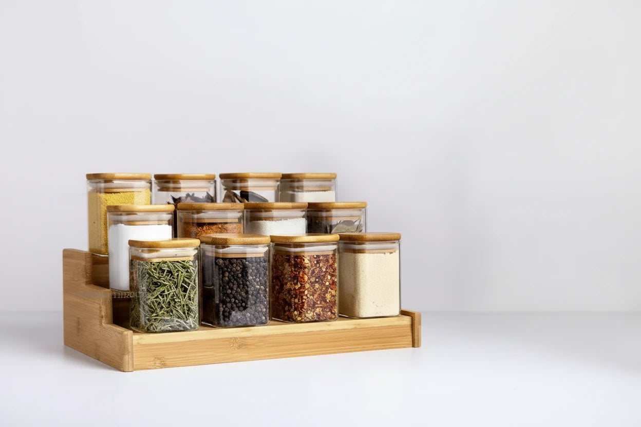 Set of glass jars with wooden lids on a bamboo stand, labeled 'Minimalist Design'.