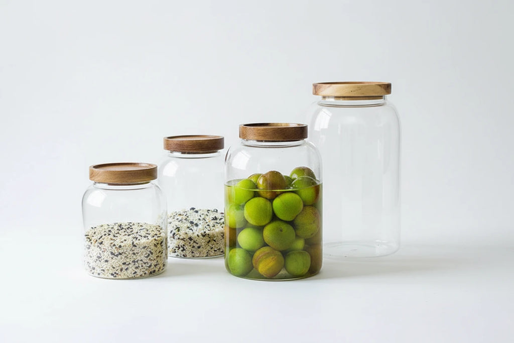 Three glass jars with wooden lids on a wooden table, one containing green apples.